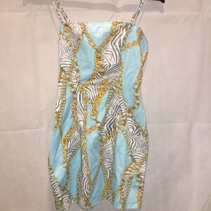 Show me your MUMU Stylish Blue and Gold Chain Print Dress NWT